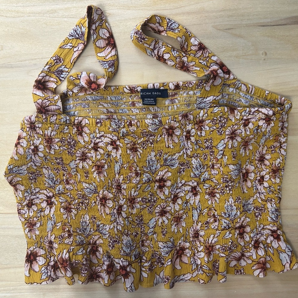 American Eagle Floral Yellow Ruffle Crop Top